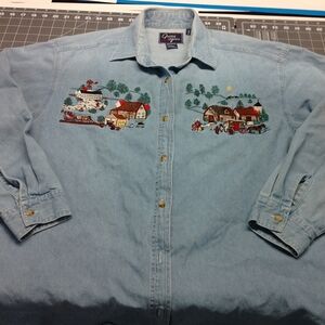 Let's Quizz Again Vintage Denim Shirt with Embroidered Farmhouse Scene